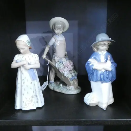 3 FIGURINES; LLADRO BOY w. WHEELBARROW (minor losses) H.245mm, NAO, B&G