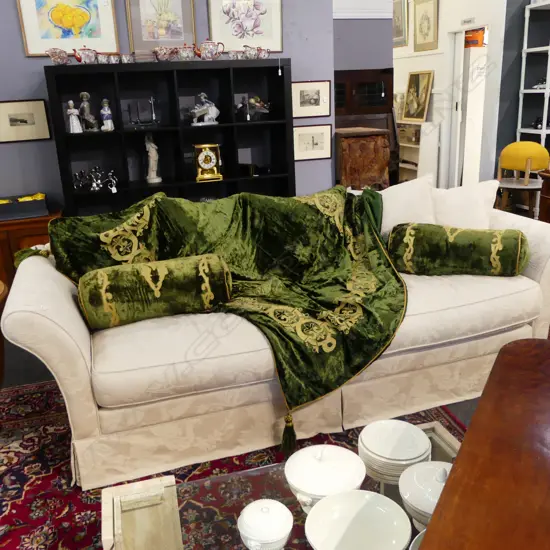 2 GREEN VELVET BOLSTER CUSHIONS W.600mm + THROW 1800x1600mm