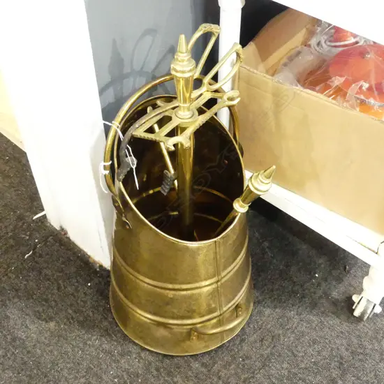 BRASS COAL SKUTTLE w. PART FIRE TIDY SET