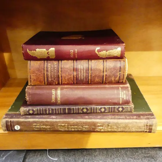 5 LGE OLD DECORATIVELY BOUND BOOK: 1895 THE TIMES ATLAS. PUNCH 1932. DOUGLAS'S ENCYCLOPEDIA ETC