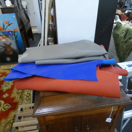 3 PCES COLOURED LEATHER; RED, BLUE GREY