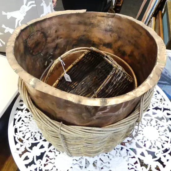 4 PCES; OLD LAUNDRY COPPER 510mm dia, COPPER JAM PAN, 2 CANE BASKETS