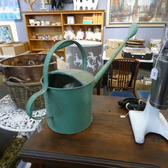 VINTAGE GREEN PAINTED METAL WATERING CAN W.860mm