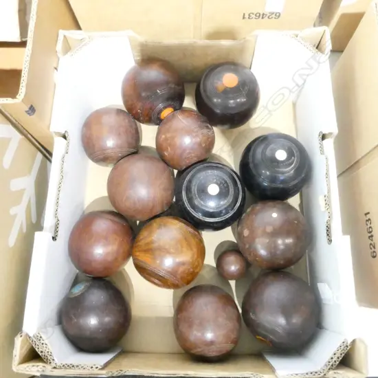 13 VINTAGE WOODEN INDOOR BOWLING BALLS JAQUES LONDON ETC 