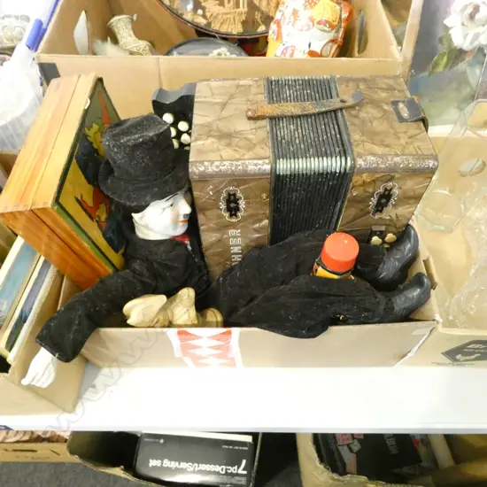 HOHNER ACCORDION, VINTAGE ALPHABET GAME, CHARLIE CHAPLIN DOLL, BOTTLE, 2 RESIN NAPOLEON