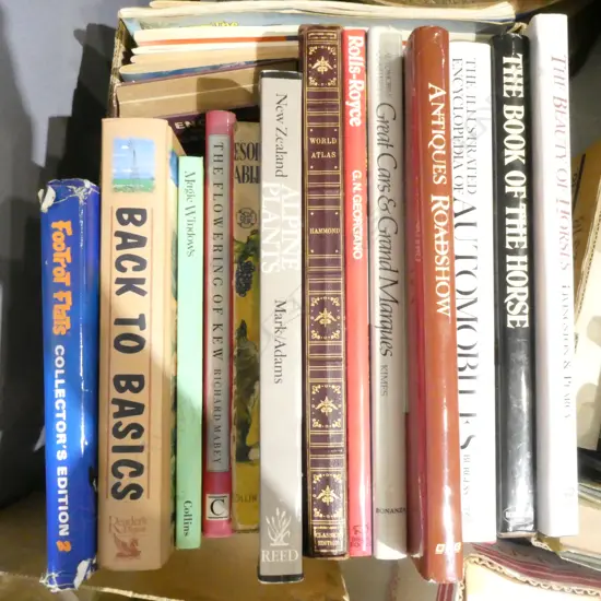 BOX OF REF BOOKS CARS PLANTS COMICS ETC