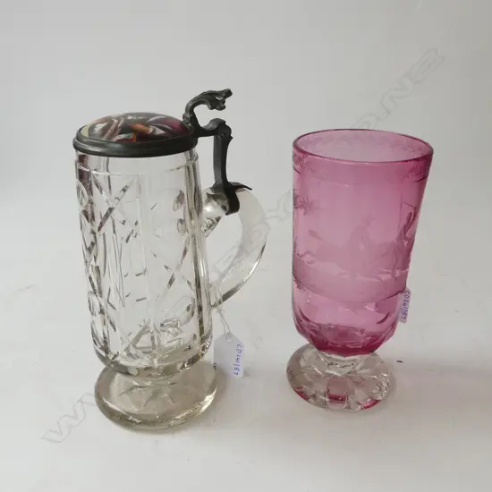 CRANBERRY GLASS ETCHED GOBLET H190MM & CUT GLASS LIDDED TANKARD H220MM