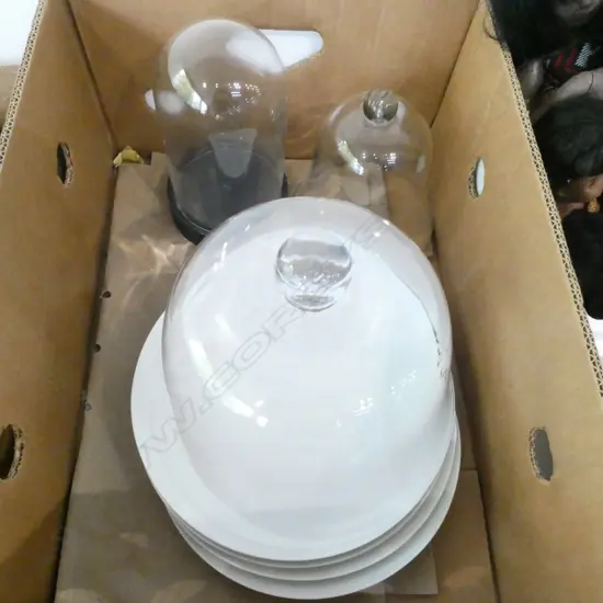 4 WHITE DINNER PLATES, 3 GLASS CLOCHE (1 w. BASE) H.240mm