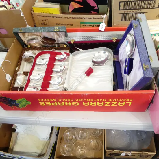 SIX BOXED SETS OF SILVER PLATED SWEET DESSERT SPOONS /FORKS