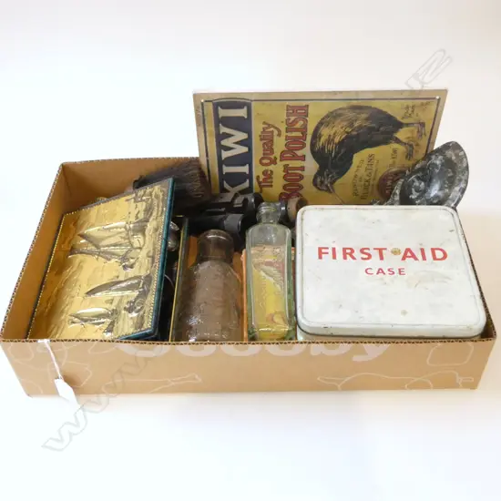BOX OF COLLECTABLES: Exhibition ware. bottles. fossil. tins etc 