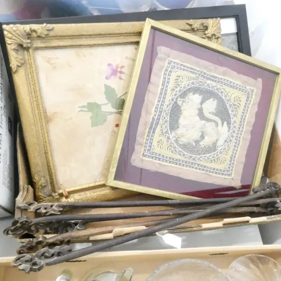 THREE FRAMED TEXTILES, ONE VICTORIAN, & 5 BORNEO CARVED TEXTILE HANGERS