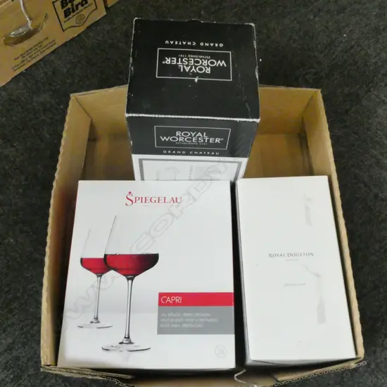 AS NEW 2 SPIEGELAU WINE GLASSES +R/DOULTON CRYSTAL VASE + 4 R/WORCESTER CHAMPAGNE FLUTES all in original boxes