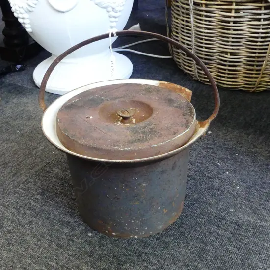 CAST IRON & ENAMEL COOKING POT Dia.270mm w. POTTERY PLANTER