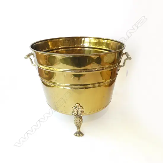 LG. COPPER & BRASS FOOTED WOOD BOX Dia.420mm