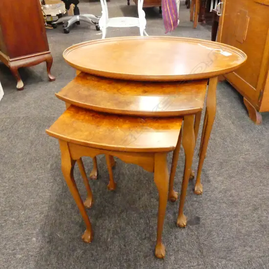 NEST 3 BURR WALNUT TOPPED OVAL SIDE TABLES ball & claw feet