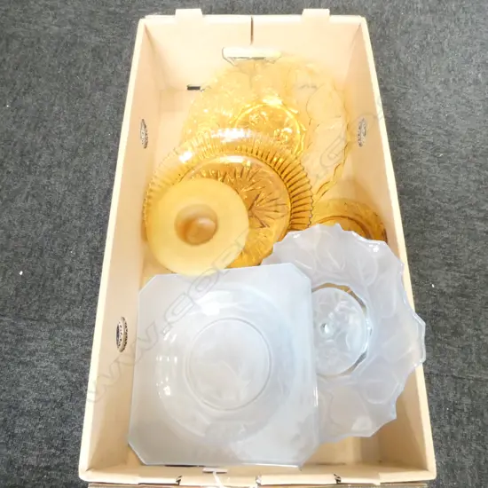 SEVEN BLUE & AMBER DEPRESSION GLASS DISHES & CAKE STAND