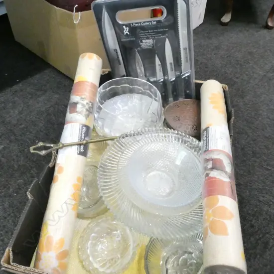 ASST. GLASS BOWLS, YELLOW HANDWOVEN BLANKET, 2 ROLLS WALL PAPER, 5 PCE KNIFE SET ETC