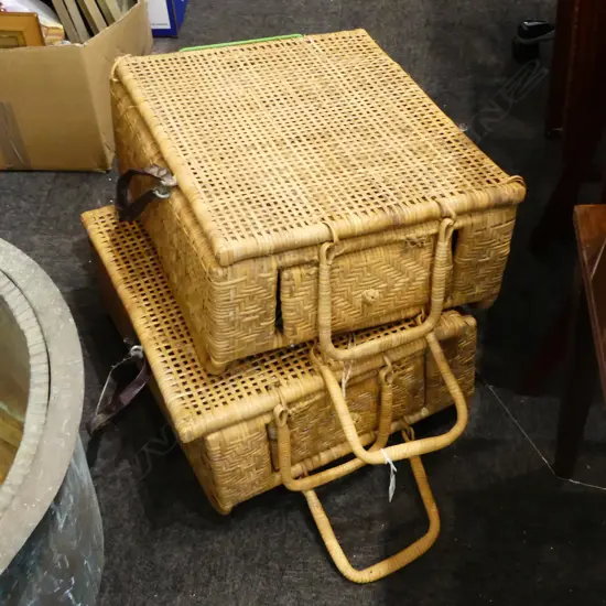 2 VINTAGE WICKER CANE FOLDING SEAT PICNIC HAMPERS