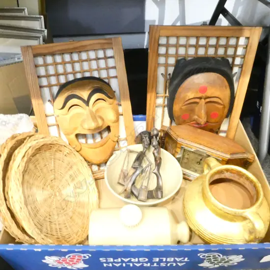 TWO ORIENTAL WALL FACE MASKS, STONEWARE HOT WATER BOTTLE, TERRACOTTA POT, CARVING ETC 