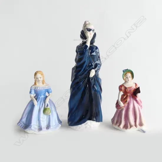 3 FIGURINES; 2 ROYAL ADDERLEY 'SCHOOL TIME' & 'ELIZABETH' + ROYAL DOULTON 'MASQUE' H.220mm