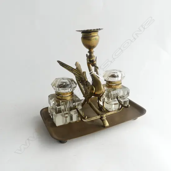 VICTORIAN BRASS DRAGON BIRD INKWELL TWIN CUBE CUT GLASS INKWELLS. L.200mm w candle sconce