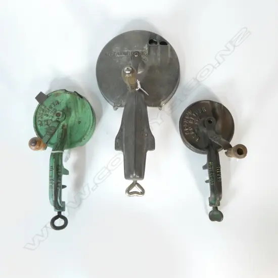 3 VINTAGE CAST IRON TABLETOP BEAN SLICERS; 2 OF SPONG MAKE & 1 ALEXANDERWERK H.330mm