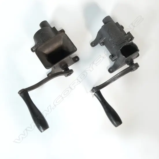 (1554/3500) 2 ANTIQUE CAST IRON RUSSELL & ERWIN SAUSAGE STUFFERS/MEAT MINCERS (1 MISSING TOP FUNNEL PIECE) L.280mm