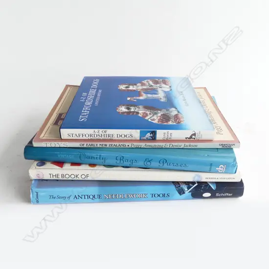 FIVE ANTIQUE REFERENCE BOOKS INCL. HISTORY OF NEEDLEWORK TOOLS ETC
