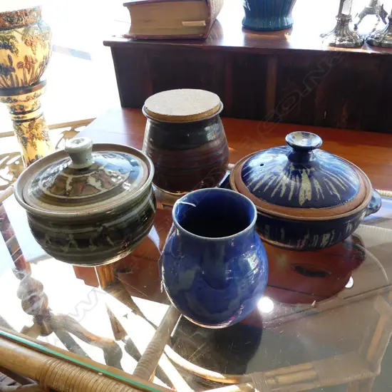 4 PCES STUDIO POTTERY; AMBRICO BLUE VASE H.140mm rim frits + 3 LIDDED CONTAINERS