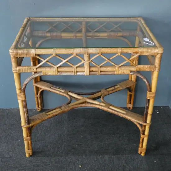 CANE TABLE, GLASS TOP 760x515x745mm