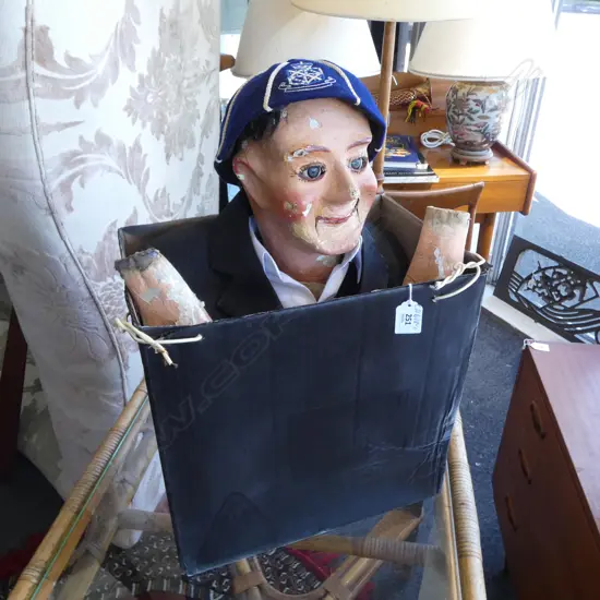 VERY OLD WORKING VENTRILOQUISTS DUMMY WITH CLOTHING, HANDS, SOME PAINT LOSS. H.470mm
