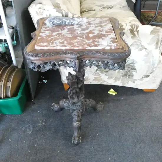 ORIENTAL HARDWOOD TABLE w. INSET MARBLE TOP H.820mm FAULTS
