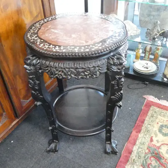 ORIENTAL HARDWOOD TABLE w. MoP INLAY (losses) & MARBLE TOP H.810mm