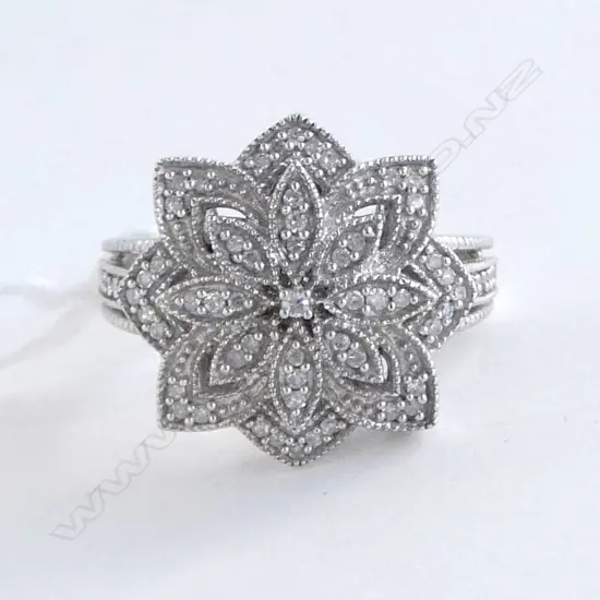 SILVER ART NOUVEAU STYLE RING SET w DIAMONDS SIZE N