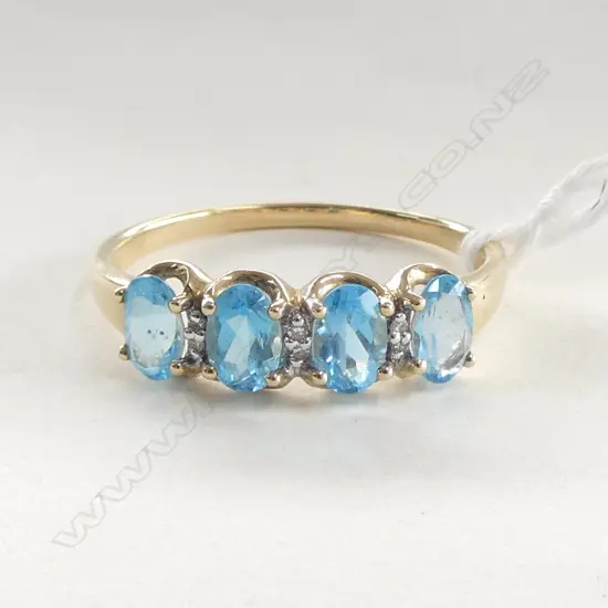 9ct GOLD 4 BLUE TOPAZ & DIAMOND RING  size Z 3gms