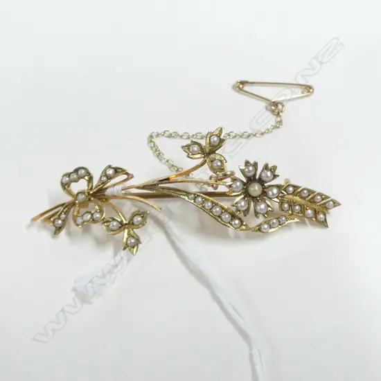 EDWARDIAN 9ct GOLD & SEED PEARL FLORAL SPRAY BROOCH 4.9gms