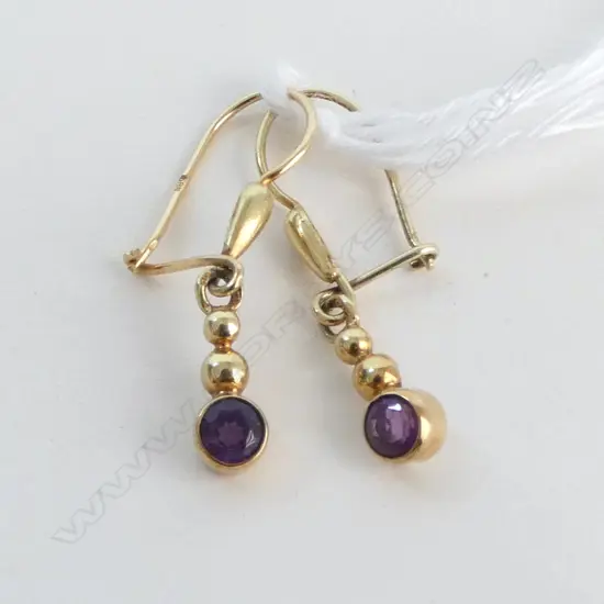 PR 14ct YELLOW GOLD & SMALL AMETHYST DROP EARRINGS for pierced ears 1.66gms