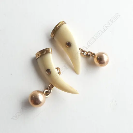 pr c1900 9ct ROSE GOLD & ANIMAL TEETH CUFFLINKS engraved & w ball ends 5.3gms