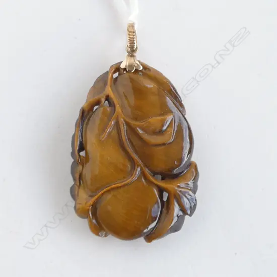 CARVED TIGERSEYE PENDANT w. 14CT BAIL 50x35mm
