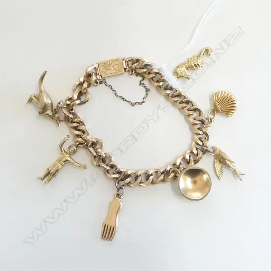 9CT GOLD CHARM BRACELET WITH 8 9CT GOLD CHARMS 21.82gm