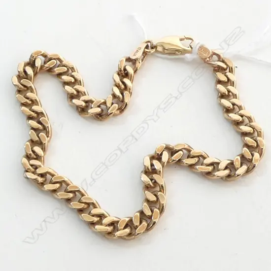9ct GOLD CURB LINK BRACELET with parrot clasp. (Made in NZ) 21CM LONG 12.2 GMS Links are in good condition