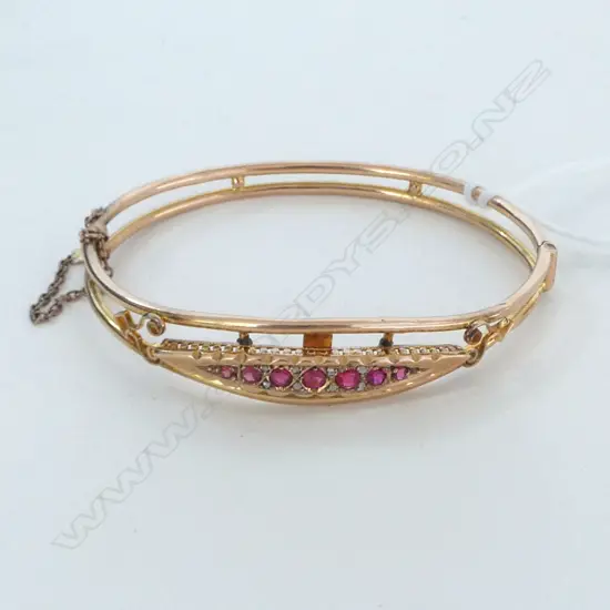 EDWARDIAN 9ct ROSE GOLD PINK STONE & DIAMOND HINGED BANGLE small repair required 8gms