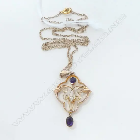 EDWARDIAN 9ct GOLD SEED PEARL & AMETHYST PENDANT 1.7gms on plated? chain