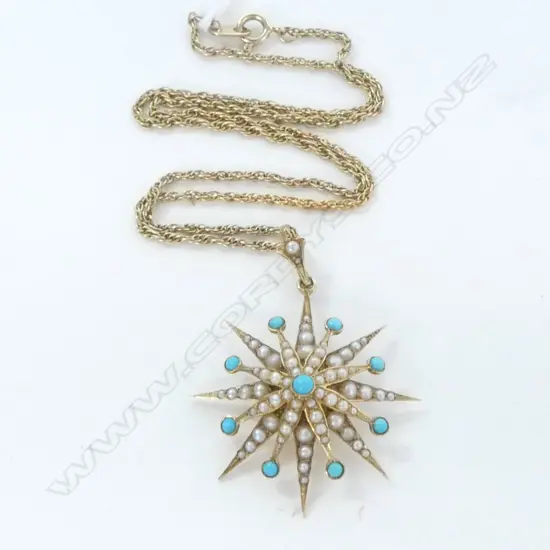 EDWARDIAN 15ct YELLOW GOLD SEED PEARL & TURQUOISE STAR BURST PENDANT 4.8gms on plated chain