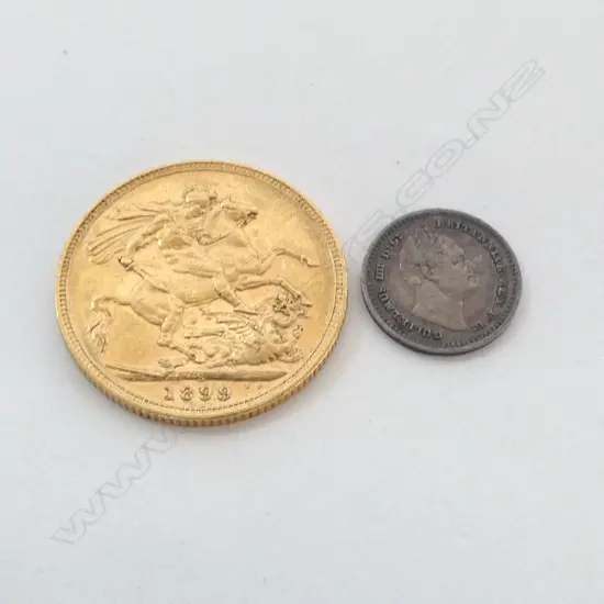 1899 GOLD FULL SOVEREIGN SYDNEY MINT + Great Britain 1-1/2 Penny 1836 Colonial Issue