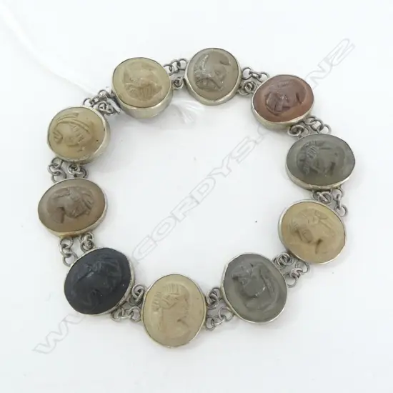 EARLY 20thC SILVER & CARVED LAVA CAMEO BRACELET