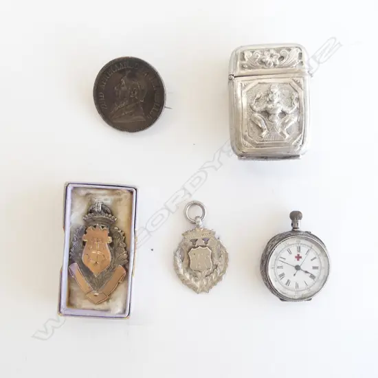 SMALL S/SILVER POCKET WATCH 2 S/SILVER MEDALS VESTA BOX & MOUNTED S/AFRICAN COIN