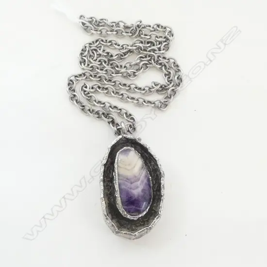 Stylish 1970's Jacob Hull Denmark Chunky Silver & Amethyst B + D Statement Necklace on silver chain. The pendant signed.