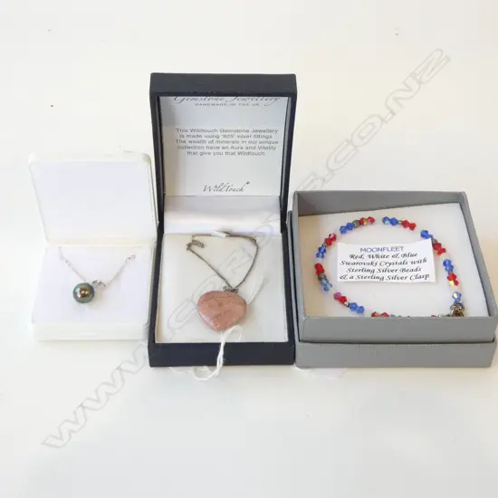 STG SILVER CHAIN & BLACK PEARL NECKLACE, STG SILVER CHAIN & HEART FORM PENDANT, SWAROVSKI CRYSTAL & SILVER BRACELET 