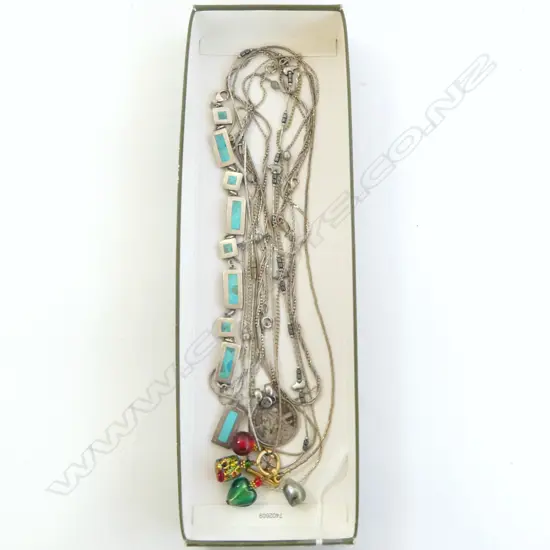 7 SILVER CHAINS, ITALIAN, VICTORIAN SILVER CROWN & MEXICAN w MATCHING BRACELET